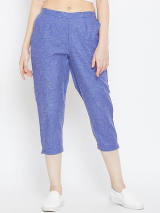 Women Blue Relaxed Regular Fit Self Design Cigarette Trousers