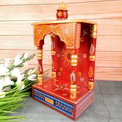 Pooja Mandir Wall Mounted With Drawer | Home Temple Wood & Brass With Premium Finish | Puja Stand / Unit Wall Hanging With Detachable Gumbad – For Home, Ghar, Office & Shop- 15 Inch-Style 1