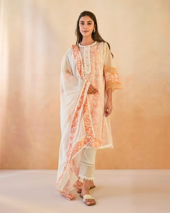 Orange Floral Dupatta-One Size / Orange White