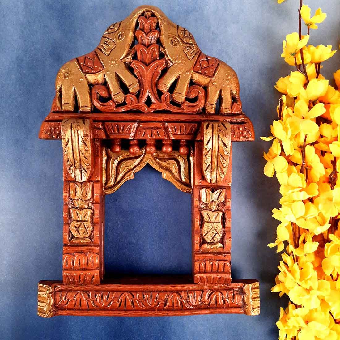 Jharokha Wall Hanging - Elephant Design | Wooden Jharokha Window Frame Hangings - For Home, Wall Decor, Living room, Entrance Decoration & Gifts  - 18 Inch-Brown