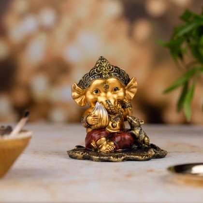 Sleeping Baby Ganesh with Modhak Figurine|Premium Resin Statue|Packaged in Luxury Box|Golden Blessing Statue|Home Decor