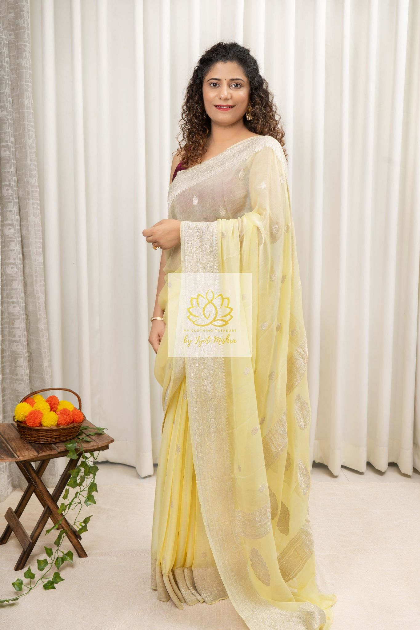 Handwoven Banarasi Khaddi Chiffon Saree- Pale Yellow