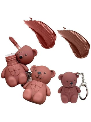 Lenon Cute Bear Silky Low Saturation Lip Color With Keychain-Multicolor (Pack of 2)