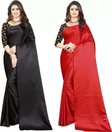 ANSH Womens Satin Solid Saree length (5.5m) & Blouse Piece Size (0.8m) (Black & Red)