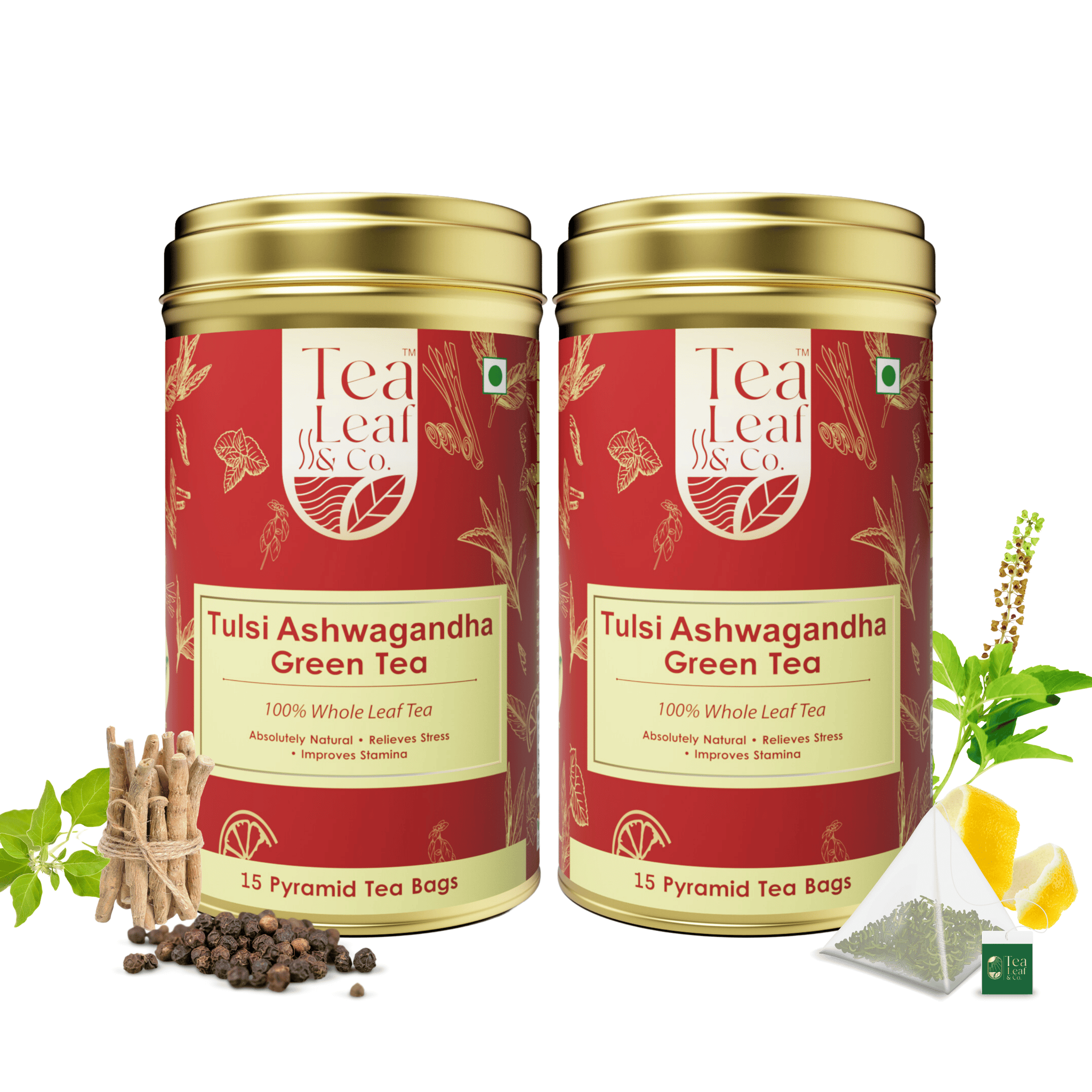 Tulsi Ashwagandha Green Tea Stress Relief & Stamina Boost Premium Holy Basil Blend 30 Pyramid Tea Bags Pack of 2