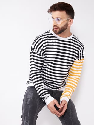 Gritstones Men White and Black Color Round Neck Stripe Oversize Drop Shoulder Cotton T-Shirt