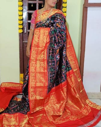 LATEST BLACK AND ORANGE IKKAT KANCHI BORDER SAREES