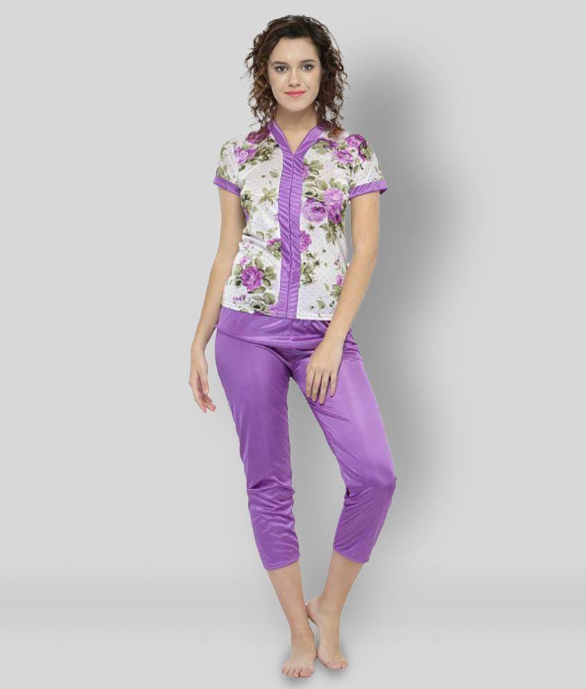 N-Gal - Purple Satin Women''s Nightwear Nightsuit Sets - None