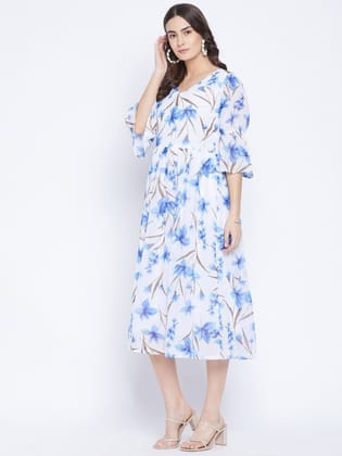White & Blue Floral Georgette Gathered A-Line Midi Dress