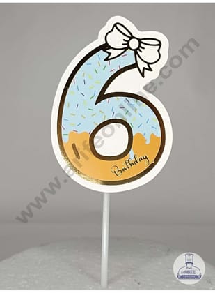 CAKE DECOR™ 6th Birthday Blue Donut Theme with Bow Paper Topper For Cake And Cupcake ( SBMT-PT-06B )