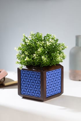 QUBO Placid Boxy Blue Handmade Wooden Indoor Planter Floral Pattern Durable Plant Pot