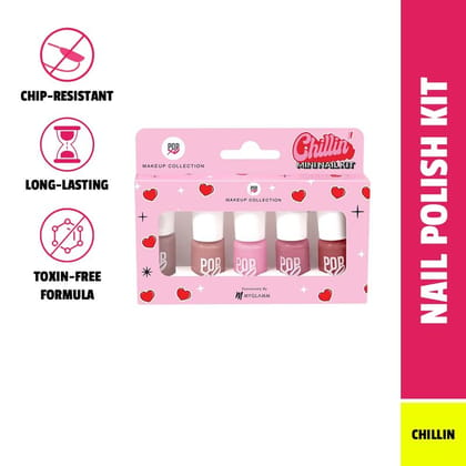 POPxo Makeup - Chillin Mini Nail Kit (Set of 5) | Long Lasting, Chip-Resistant, Glitter Mini Nail Polish Set (15ml x 5)Chillin'