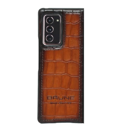 Tan Samsung Galaxy Fold Mobile Cover in Deep Croco Textured Leather by Brune & Bareskin-Fold 2