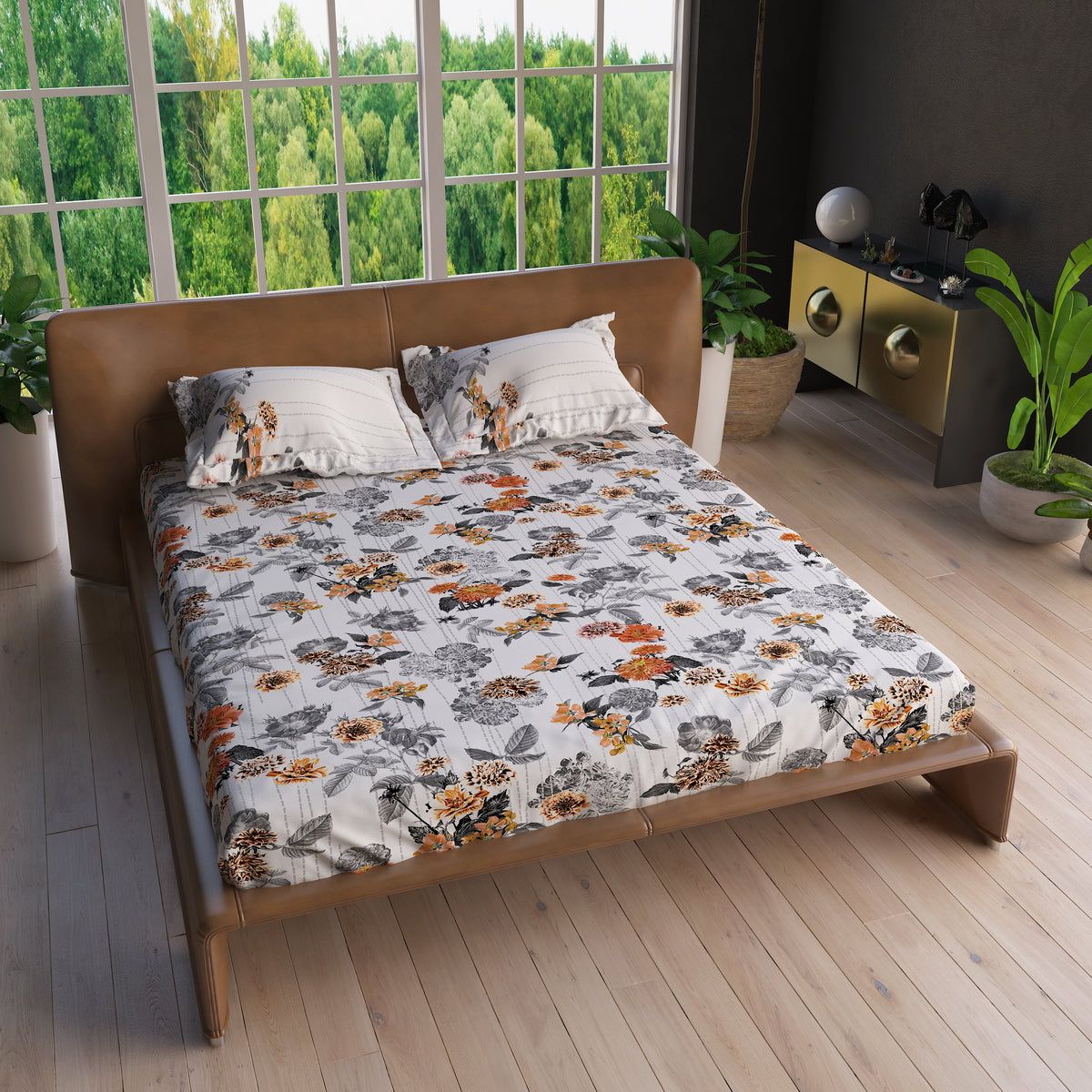 Essenstial - 180TC Digital Printed Double Bed Sheet-Double Bed / Orange / Cotton