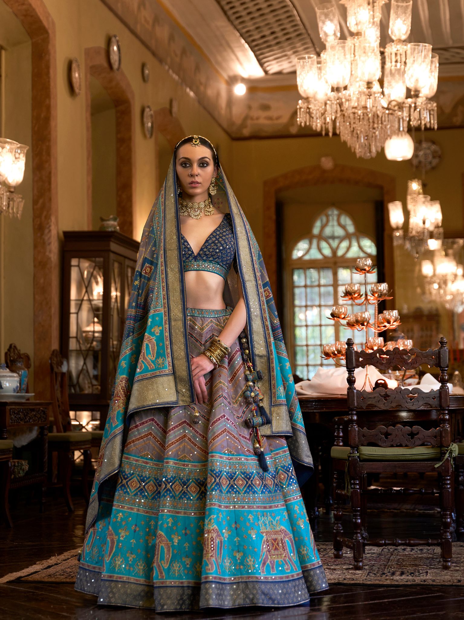 Sky Blue Silk Readymade LehengaCholi with Mirrorwork