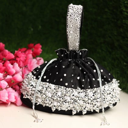 Black Potli Bag , embellished with pearls and swarovski crystals