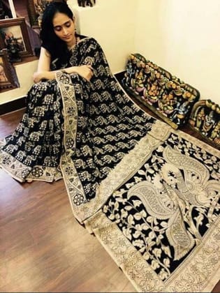 Black and Cream color Kalamkari Linen Digital Printed Sari 1232