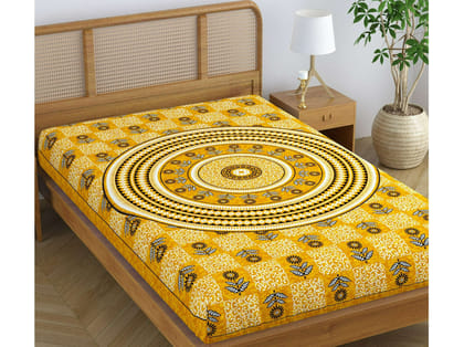SheetKart Blossoms 100% Pure Cotton Jaipuri Printed Bedsheet for Single Bed, Traditional Ethnic Bed Cover  - Supper Yellow