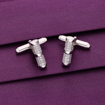 Men’s Sleek & Stylish Zirocn Silver Cufflijnks-White Stone / Silver