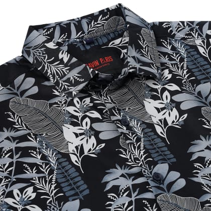 Half Sleeve Slim Fit Shirt - Black with Blue Botanical Pattern (GP053)-S-36 / Half Sleeve