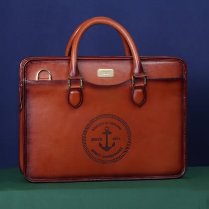 Customized Tan Darker Scritto Laser Initials and "Anchor Sign" Leather Laptop/Office Briefcase By Brune & Bareskin-FS