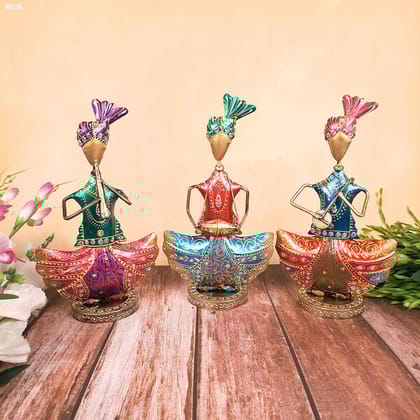Rajasthani Musician Showpiece | Musician Playing Muscial Instrument - For Table, Shelf, Living Room, Gifts & Home Decor  (Set of 3)-9 Inch