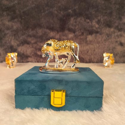 Kamdhenu Cow and Calf Statue Gold And Silver Coated-small