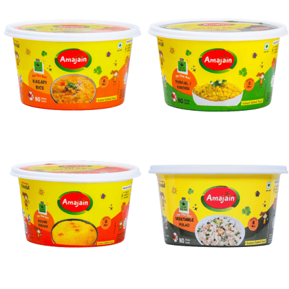 Amajain Instant Sattvik Rasam Rice, Pongal / Khichdi, Kesari Halwa, Veg Pulao Combo, Ready-to-Eat, No Added Preservatives, No Added Flavours, Jain-Friendly (3 Each, 12 Tubs in Total)