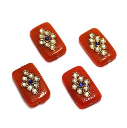 12 Pcs 25x14mm Rectangle Kundan Beads Orange-Orange / Glass