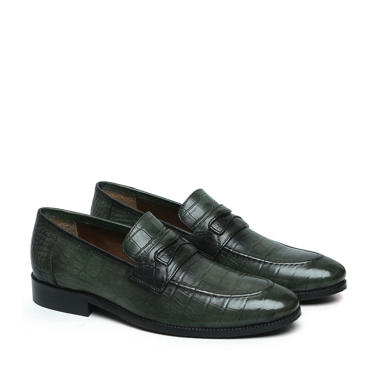 Green Penny Loafers in Deep Cut Leather-40/6