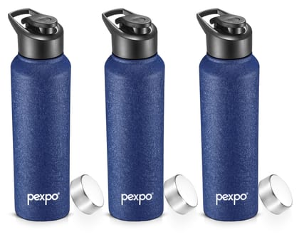 PEXPO Stainless Steel Sports/Fridge Water Bottle, 1000 ml, Blue, Chromo Xtreme with Sipper & Steel Cap | Eco-Friendly & Leak-Proof Water Bottle (Pack of 3)