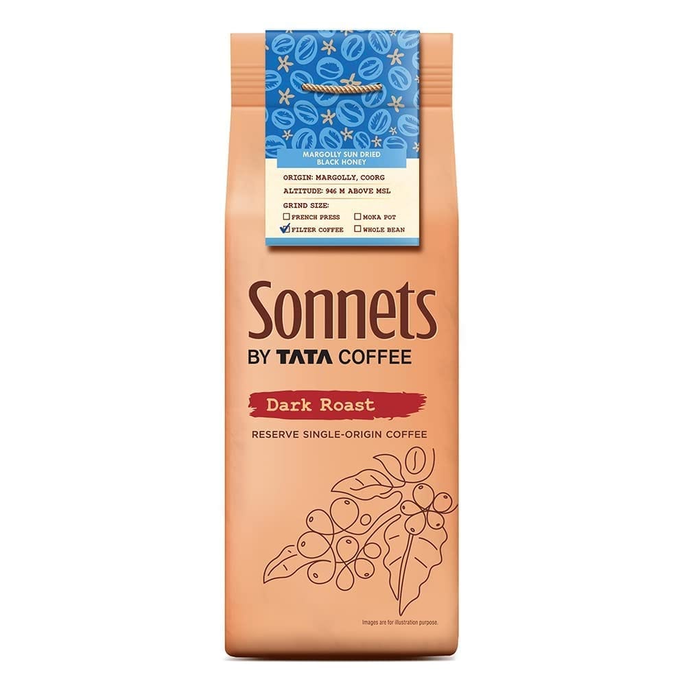 Tata Sonnets Margolly Sun Dried Black Honey, Dark Roast, Filter Coffee, 250g, Reserve Single-Origin Coffee, Fresh Sun Dried Ground Coffee