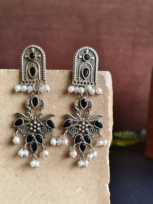 Elegant Flower Bouquet Dangler Earrings with Jade Stones and Pearls | Sarichka-Black