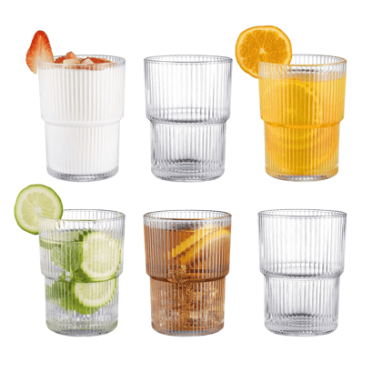 Whiskey Ribbed Glasses with Vertical Stripes Pattern for Iced Coffee Cups, Whiskey, Cocktail, Beer
