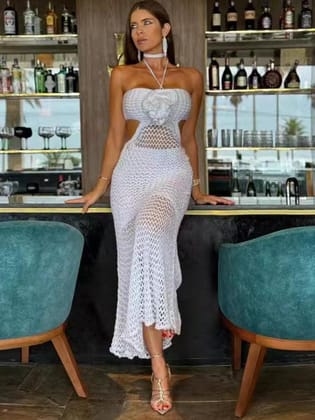 Flower Applique Halterneck Crochet Backless Dress-S / White