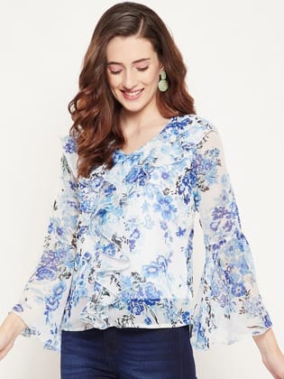 Women Off White & Pink Floral Print Georgette Top