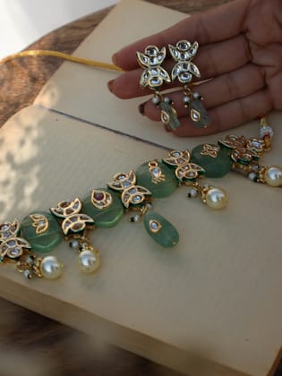 Rami Mint-Green Kundan Choker Necklace Set-Mint-Green