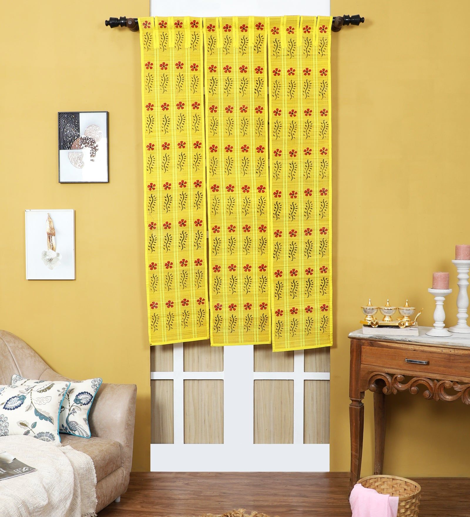 Three Panel Bamboo Curtain - Yellow-6 ft length