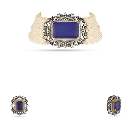 Elyanna-  Blue Doublet Stone & Pearl Choker Set-Black Rhodium