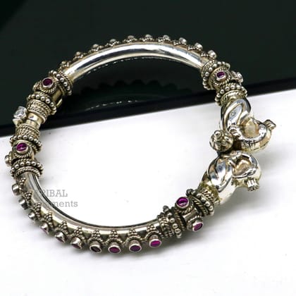 925 Sterling silver handmade vintage peacock design cubic zircon stone tribal ethnic belly dance bangle bracelet gifting kada nsk489-2.375