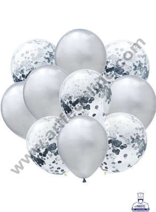 Cake Decor Silver Balloons with Confetti Balloons Set ( Pack of 10 Pcs )