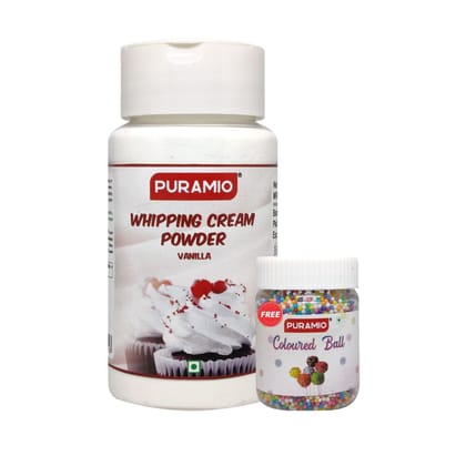 Puramio Whipping Cream Powder- Vanilla, Whipped Cream for Cake, 100 gm Pack + Coloured Balls Free, 25 gm