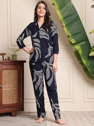 Navy Color Floral Printed Viscose Rayon Night Suit-S