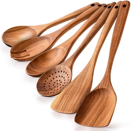 ADORN WORLD Kitchen Premium Wooden Utensils for Cooking - 6 Pc Set Non-Stick Soft Comfortable Grip Wooden Cooking Utensils - Smooth Finish Teak Wooden Spoon Sets for Cooking