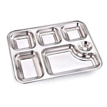 Softel Stainless Steel 5 in 1 Partition Plate with Achar compartment | Perfect for Lunch, Dinner, Office Canteens, Community Kitchens | Silver | 1 Pc