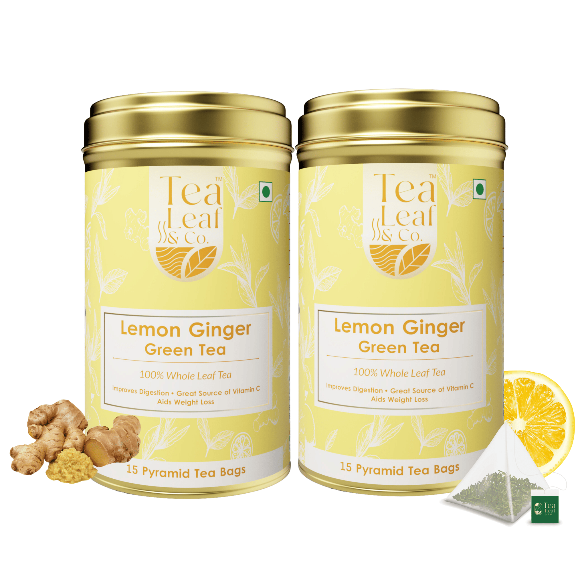Lemon Ginger Green Tea Rich in Vitamin C Digestive Aid Farm Fresh 30 Pyramid Tea Bags Pack of 2
