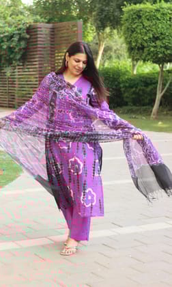 Cotton Purple & Black Tie & Dye Suit with Chiffon Tie & Dye Dupatta-XXS