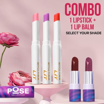 MyGlamm Combo of POSE HD Lipstick + LIT - pH Lip Balm | Long-lasting Lipstick With Vitamin E & Slim, Creamy, Super Hydrated Lip Balm