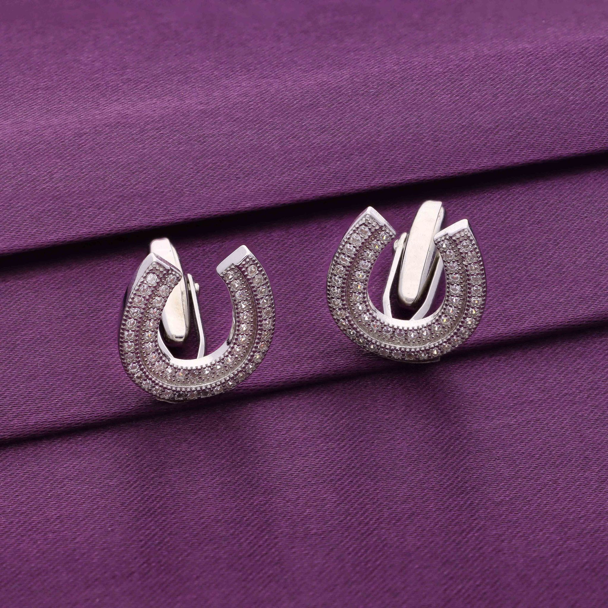 Men’s U Zircon Studded Silver Cufflinks-White Stone / Silver