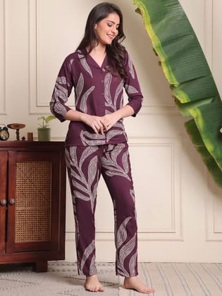 Purple Color Floral Printed Viscose Rayon Night Suit-S